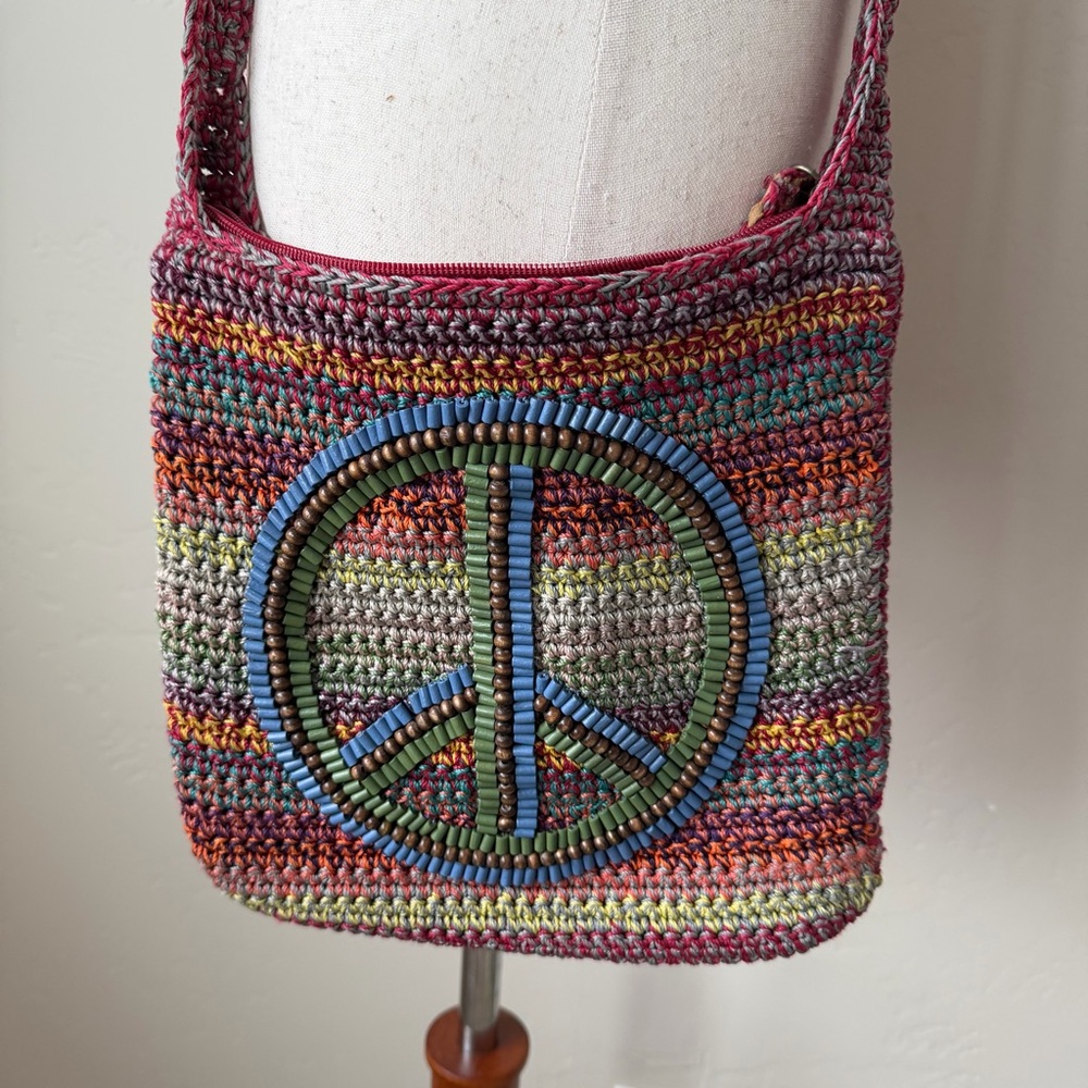 The SAK peace sign boho striped knit bag purse multicolored cross body